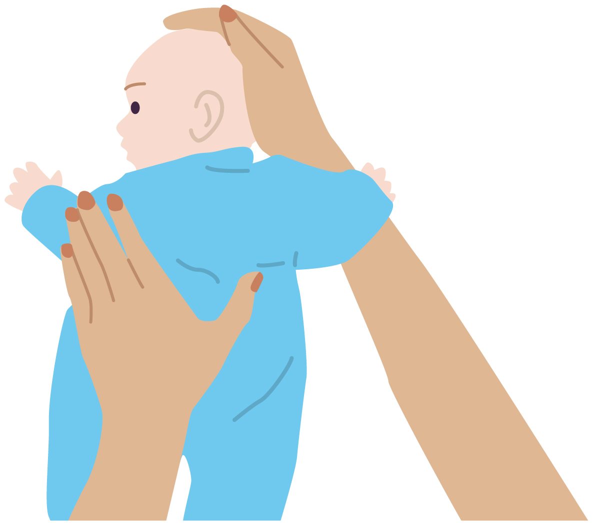 Illustration of baby laid on their front with someone holding their back and their head