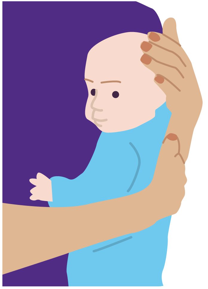 Illustration of baby being held to someone's chest with their head to one side