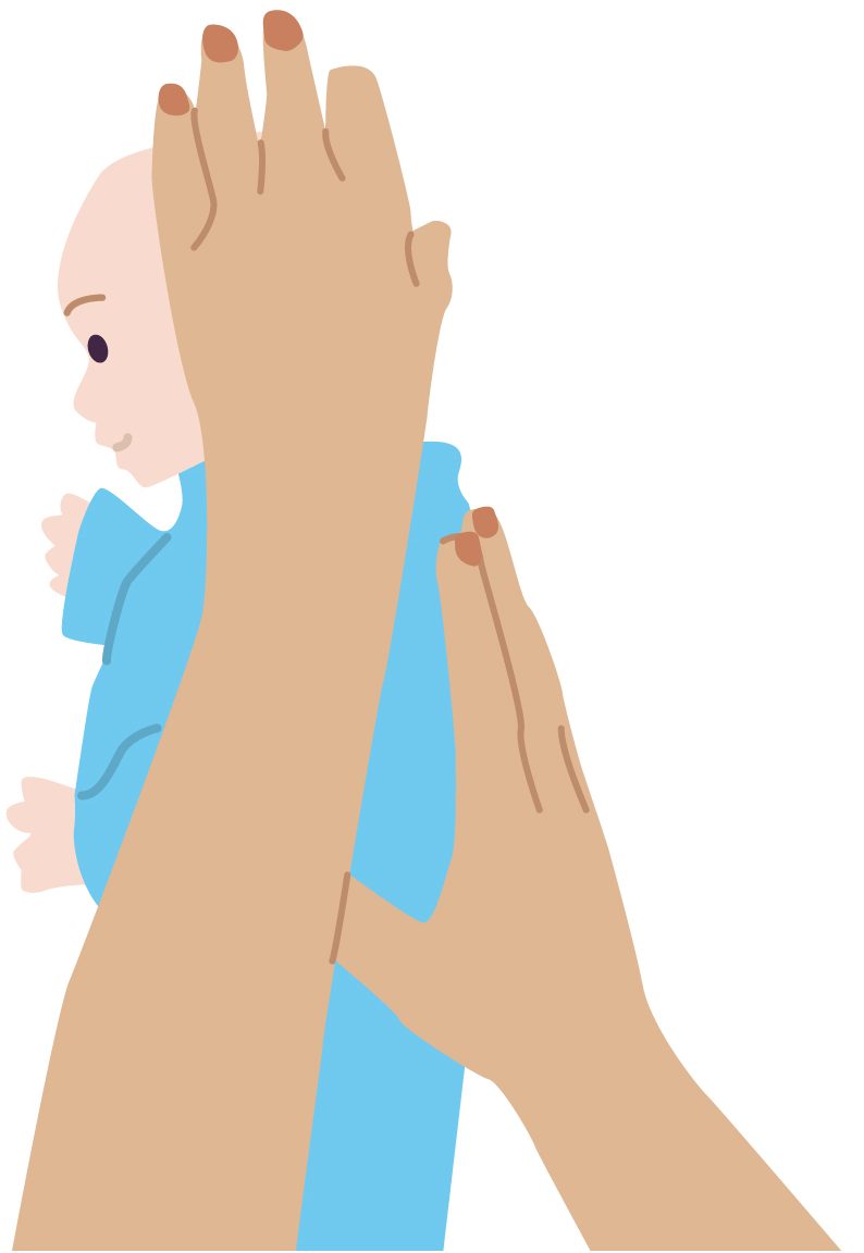 Illustration of baby on their side with someone holding their back and their head
