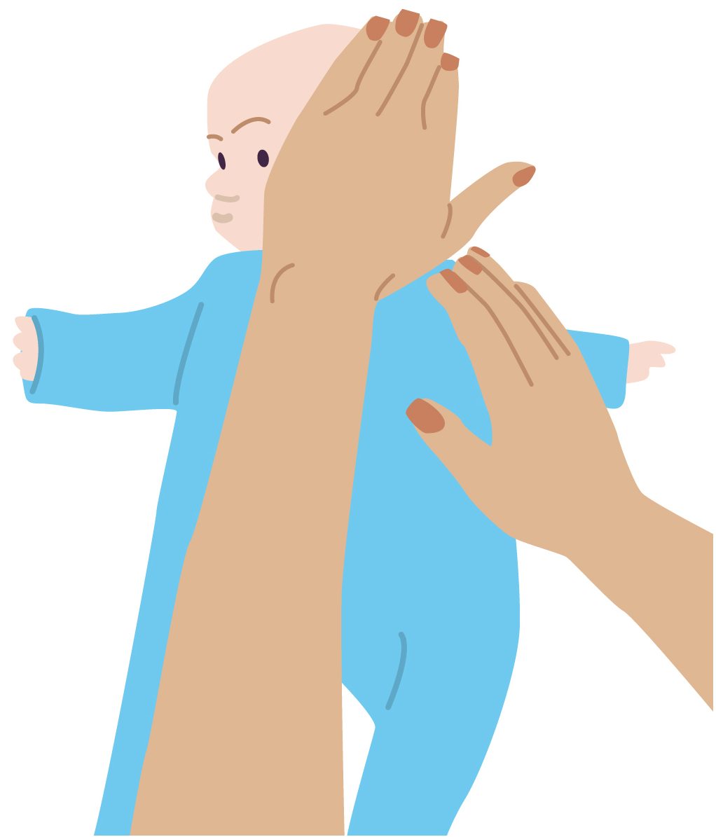Illustration of baby laid on their back with someone holding their chest and head