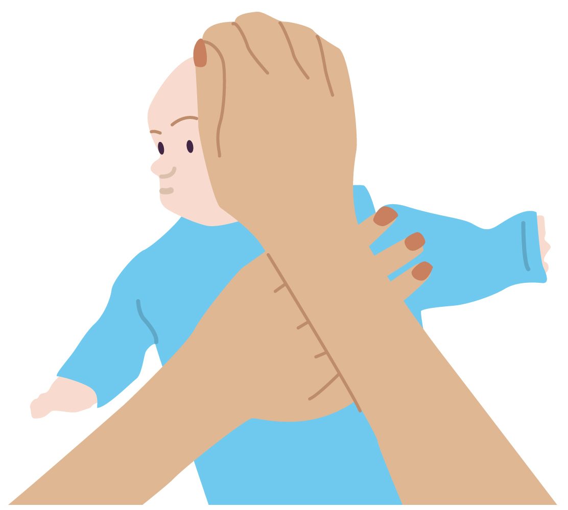 Illustration of baby laid on their back with someone holding their chest and head, pushing it to one side