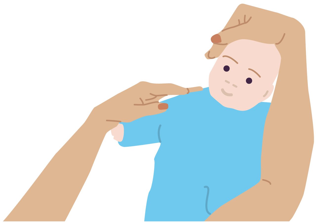 Illustration of baby laid on their back with someone holding their shoulder and head pulling it to one side