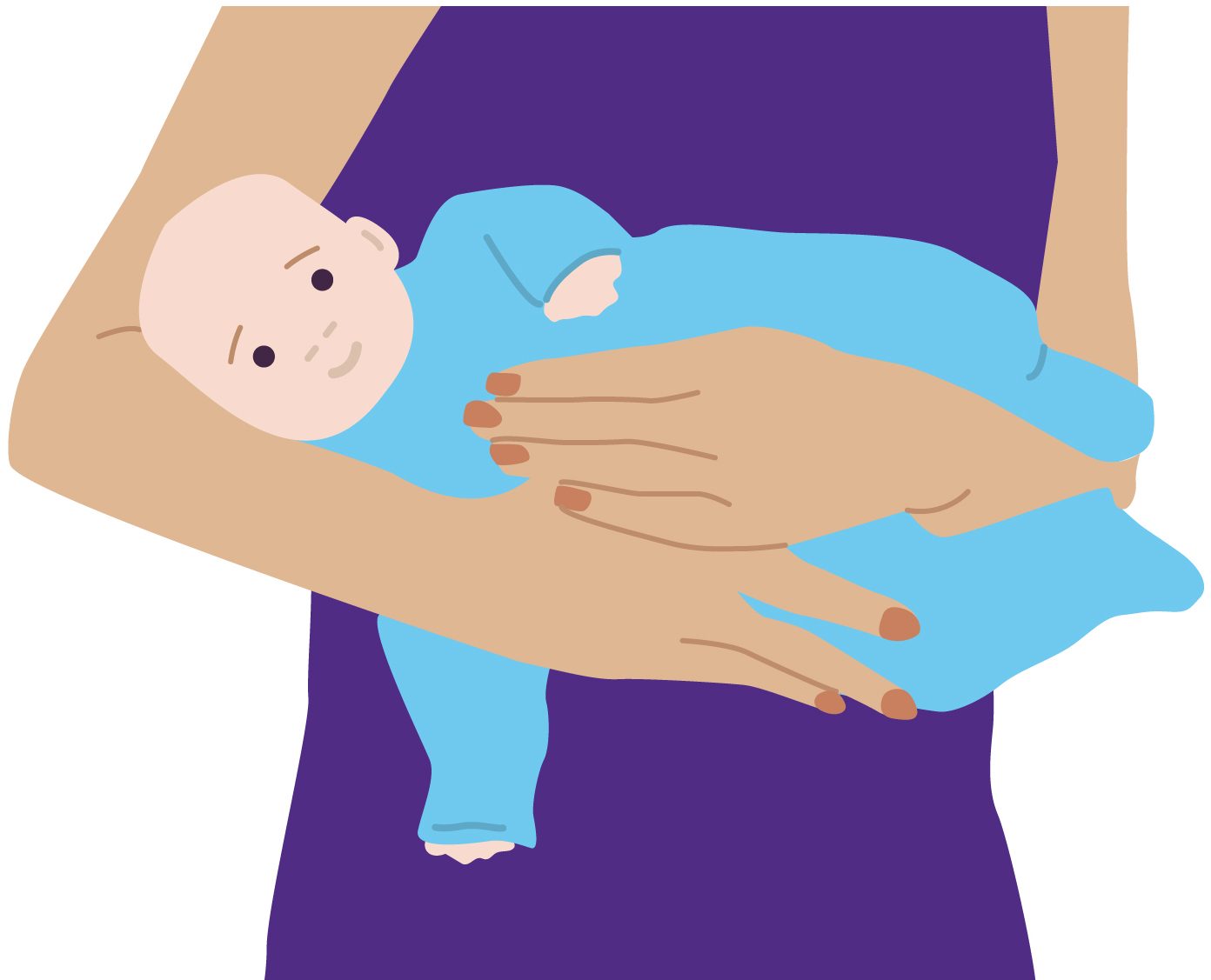 Illustration of baby being held on their side, through their legs