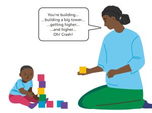 Illustration of adult playing building blocks with child