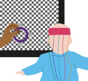 Illustration of baby in front of a screen with bright shapes and a small rattle