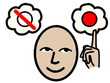 a face and a hand pointing to a thought bubble with one ball inside, indicating a choice they have made