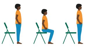 Illustration of person stood in front of a chair and then sitting down on it